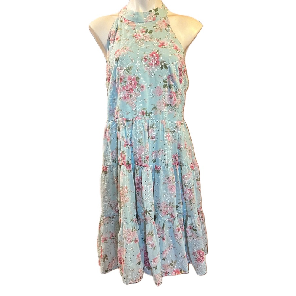 Eliza J Embroidered Floral Halter Neck Cut Out Back summer Dress Mint Size 14 - Picture 2 of 10